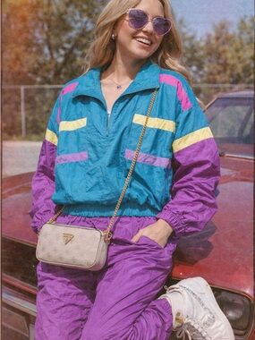 Teal & Purple Retro Colorblock Track Jacket and Joggers Set